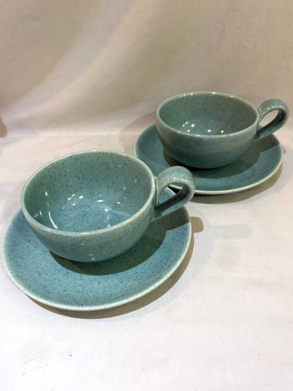 Pair of VTG Laurel Ceramastone California Pottery Aqua Speckle Teacup Saucer Set